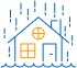Flood Protection Icon Orange and blue icon of a house with rain coming down