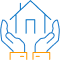 Manufactured Housing Icon Orange and blue icon of a house being held up by two hands