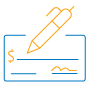 Blue and orange icon of a check and a pen