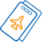 Blue and orange icon of a passport and a plane