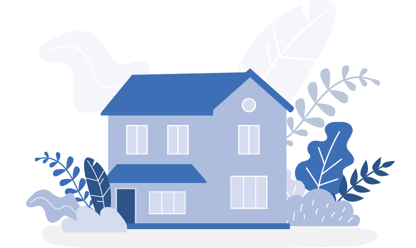 Illustrated blue house with leaves and bushes outside
