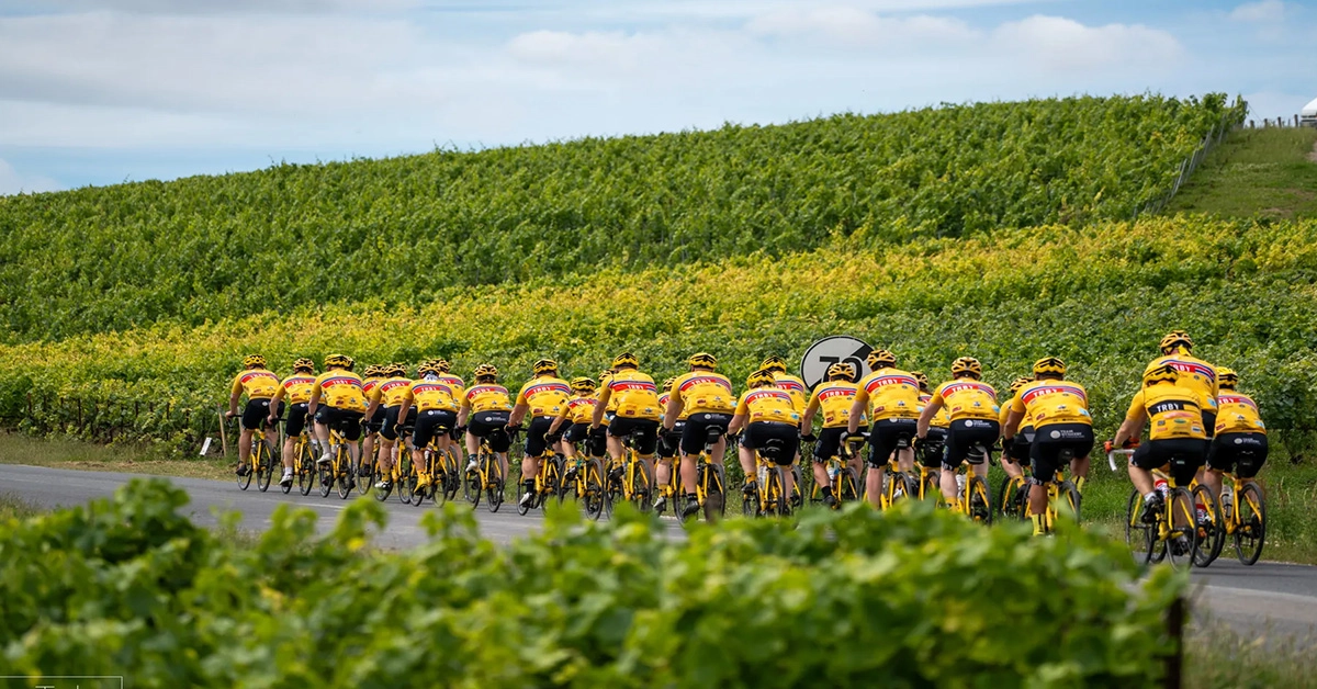 a group of people riding bikes