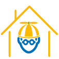 Icono azul y naranja de una casa y un persona con gorra dentro de la casa