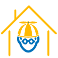 Icono de Asistencia Tecnologica Icono azul y naranja de una casa y un persona con gorra dentro de la casa