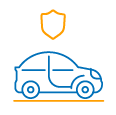 Un icono azul y naranja de un vehiculo y un escudo