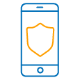 Icono azul y naranja de un telefono con un escudo dentro